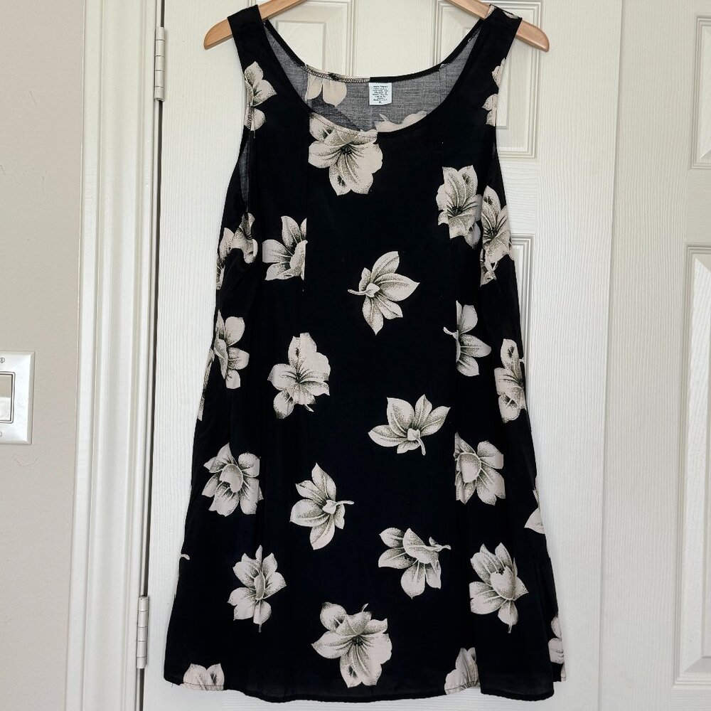 🌿 Tropical Black & Tan Floral Sleeveless Sun Dress, Tie-Back Detail Size XL 🌿